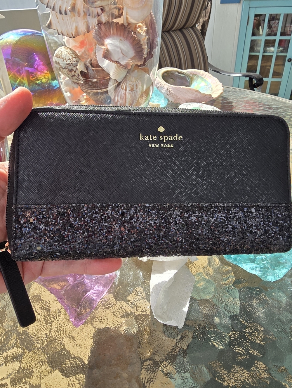 Kate Spade Glitter NWO Tags Black Wallet 8.25x4.25x1.25 EUC!